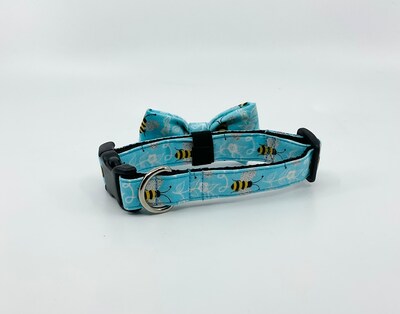 Dog Collar With Optional Flower Or Bow Tie Blue Sparkly Bees Adjustable Pet Collar Sizes XS, S, M, L, XL - image3